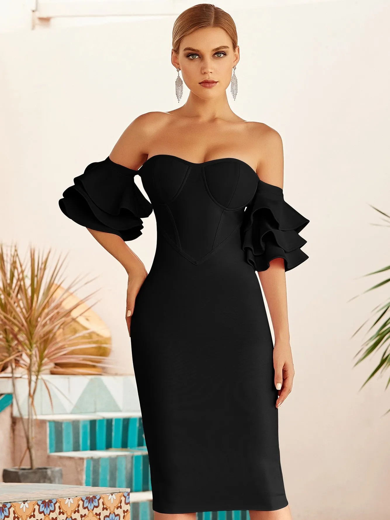 Adyce Ruffled Off-Shoulder Corset Bodycon Dress
