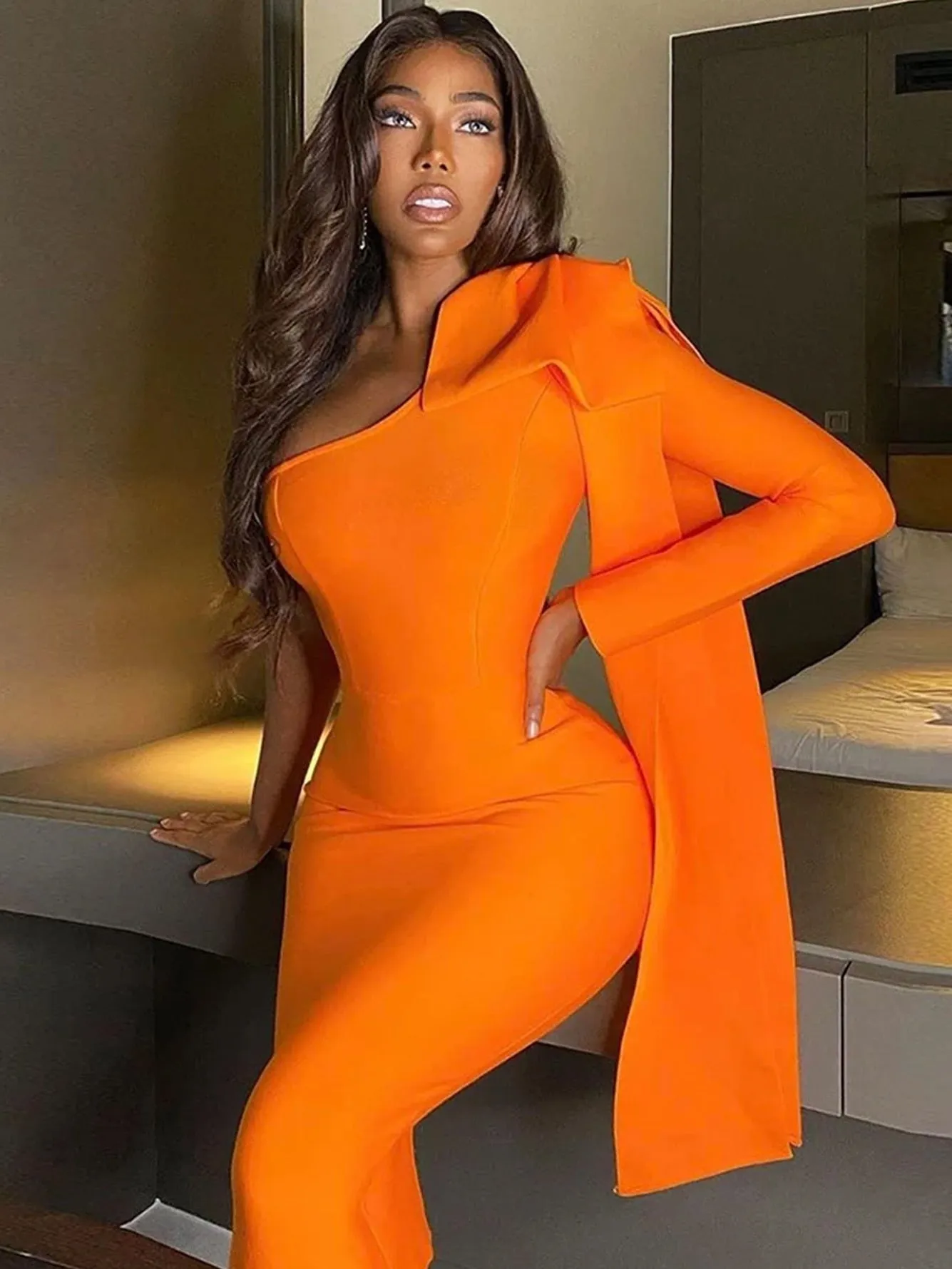 Adyce Women's Half Bare Shoulder Half Puff Sleeve Midi Dress