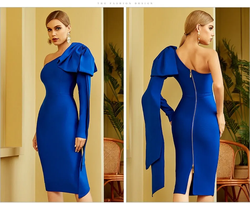 Adyce Women's Half Bare Shoulder Half Puff Sleeve Midi Dress