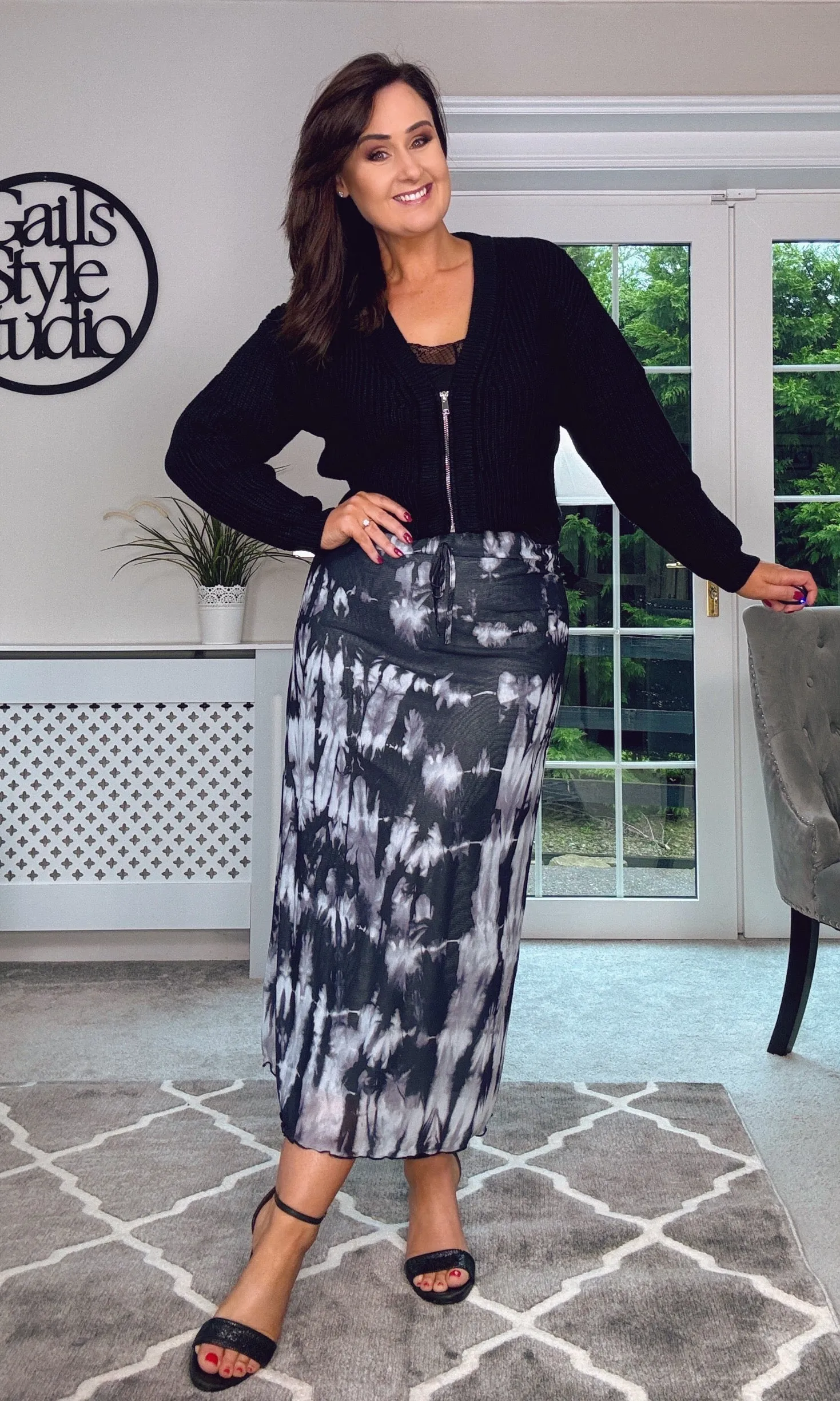 Black and White pattern Chiffon Maxi Skirt