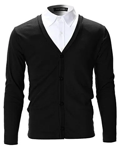 FLATSEVEN Mens Slim Fit Stylish Button up Cardigan (C100) Black, S