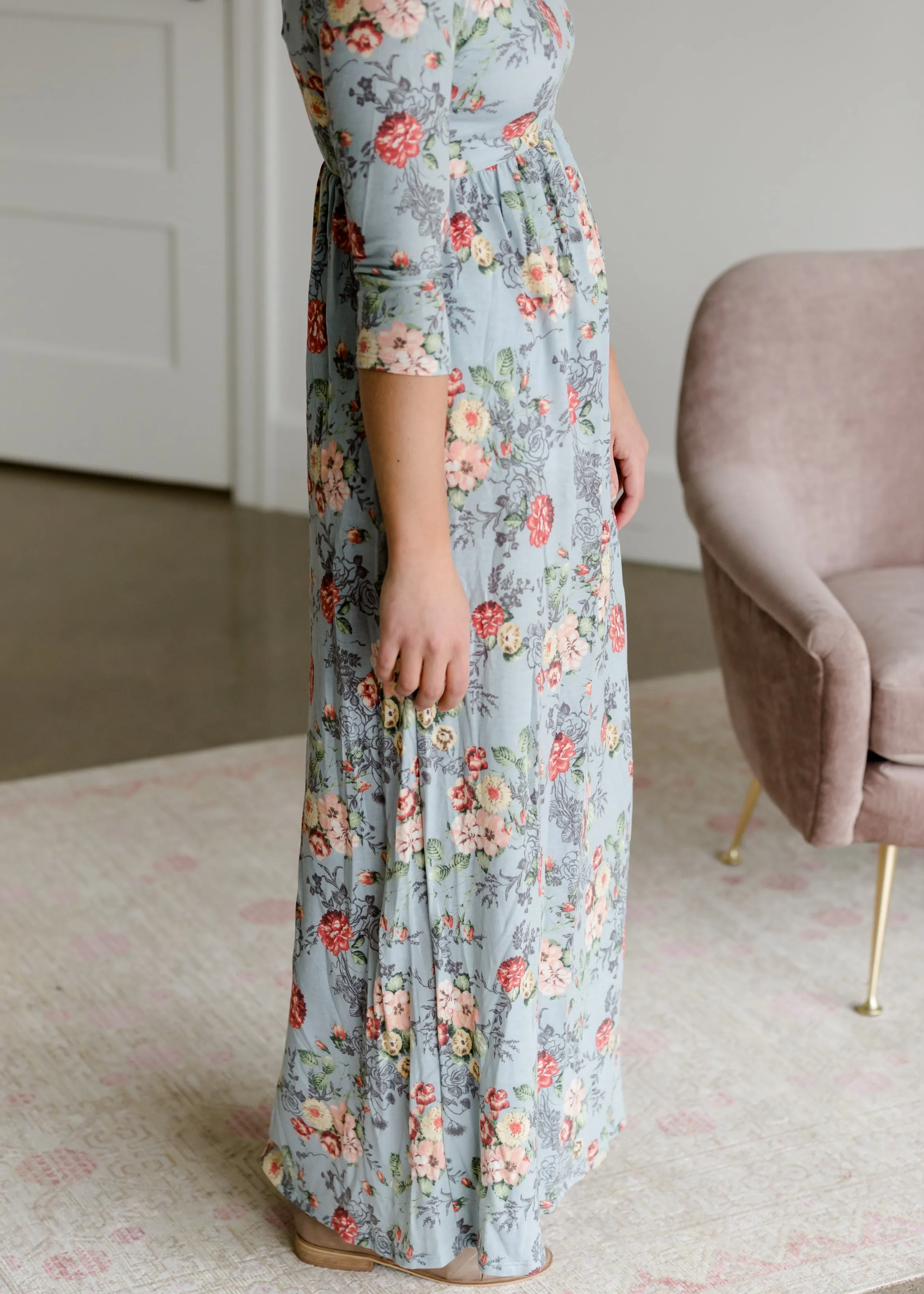 Floral 3/4 Sleeve Empire Waist Maxi Dress