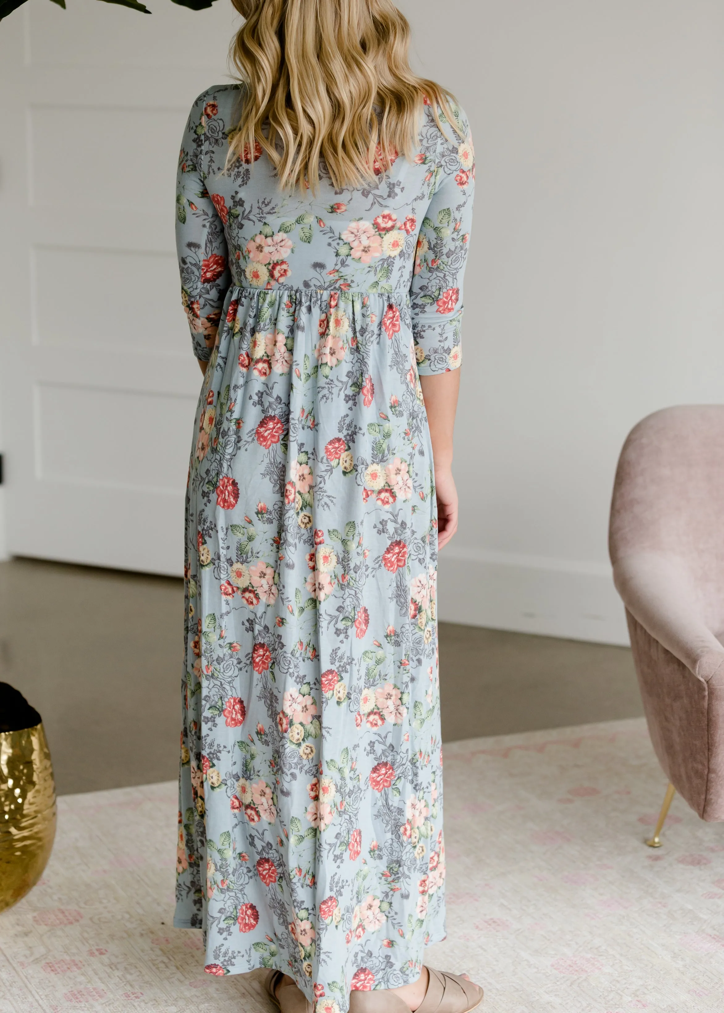 Floral 3/4 Sleeve Empire Waist Maxi Dress