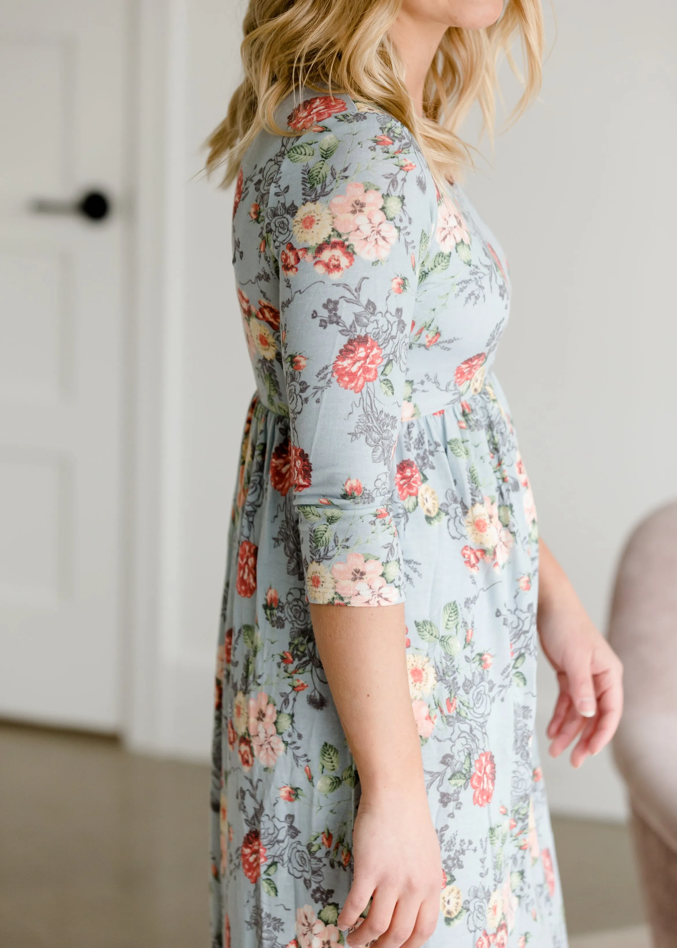 Floral 3/4 Sleeve Empire Waist Maxi Dress