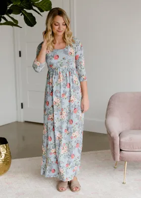 Floral 3/4 Sleeve Empire Waist Maxi Dress