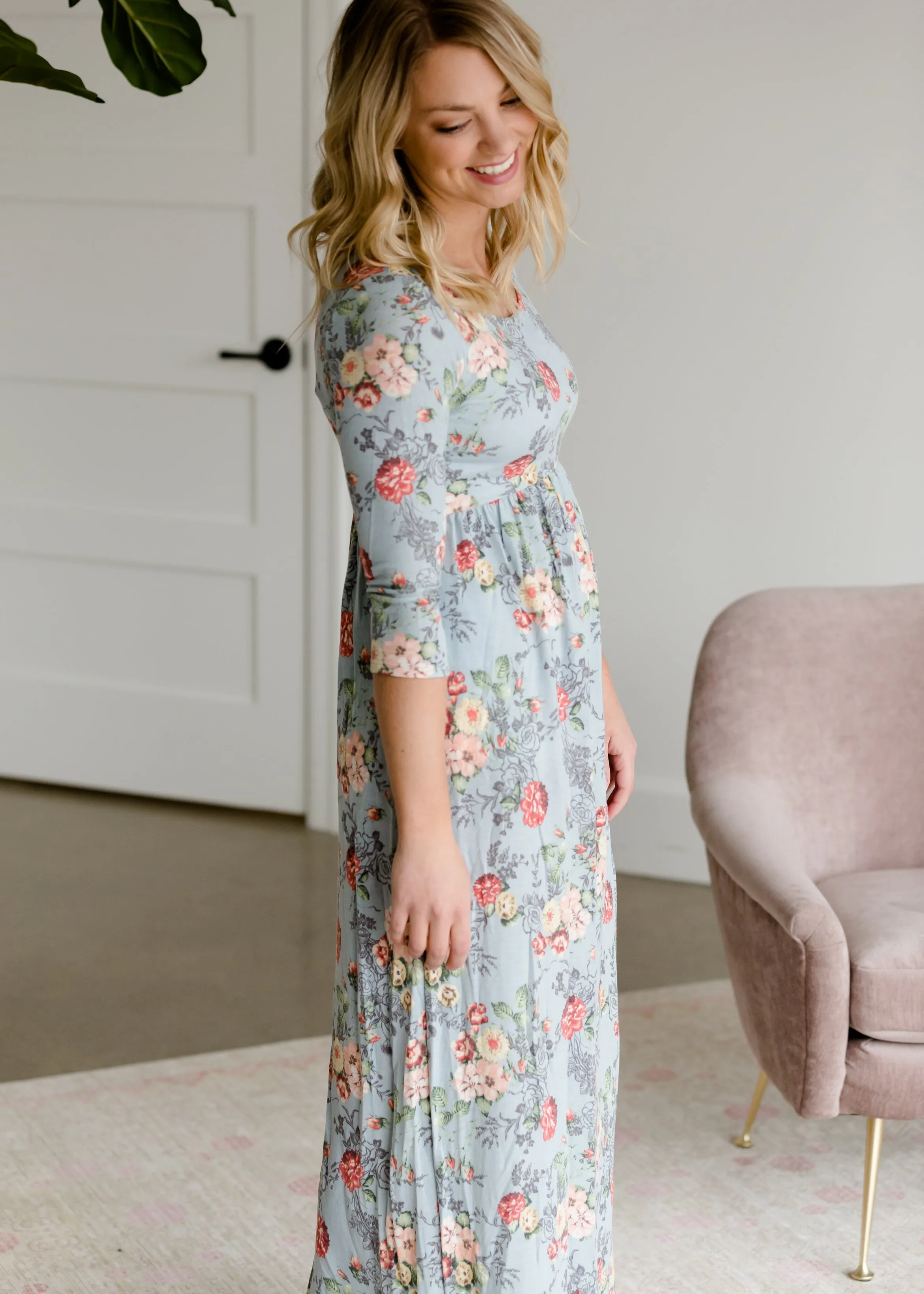 Floral 3/4 Sleeve Empire Waist Maxi Dress