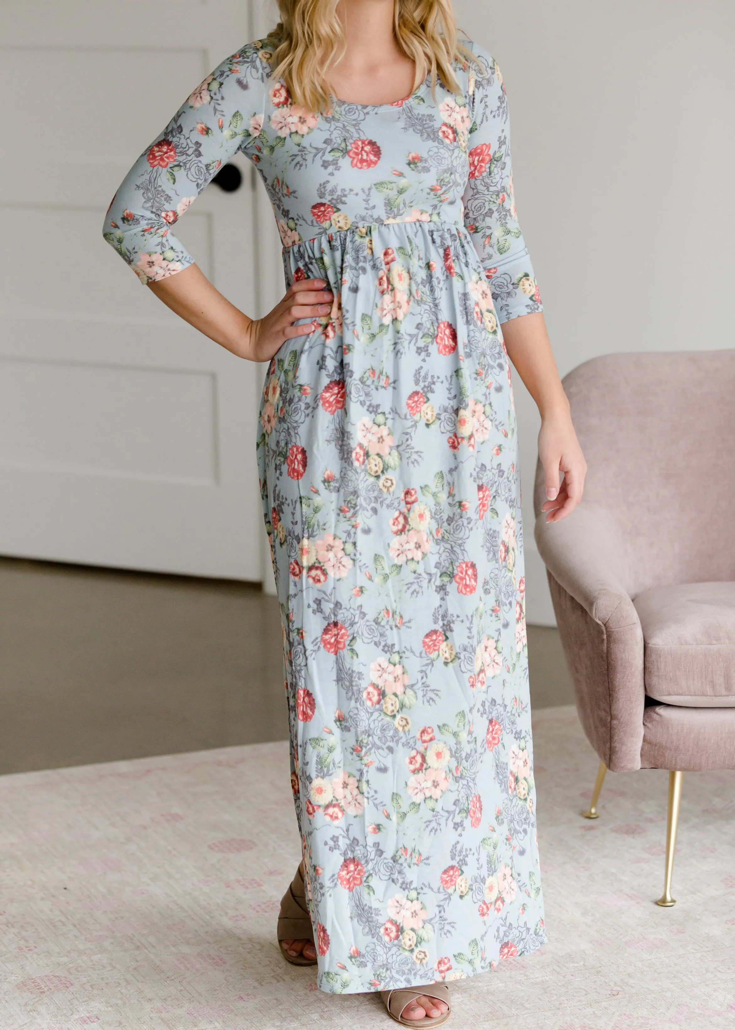 Floral 3/4 Sleeve Empire Waist Maxi Dress