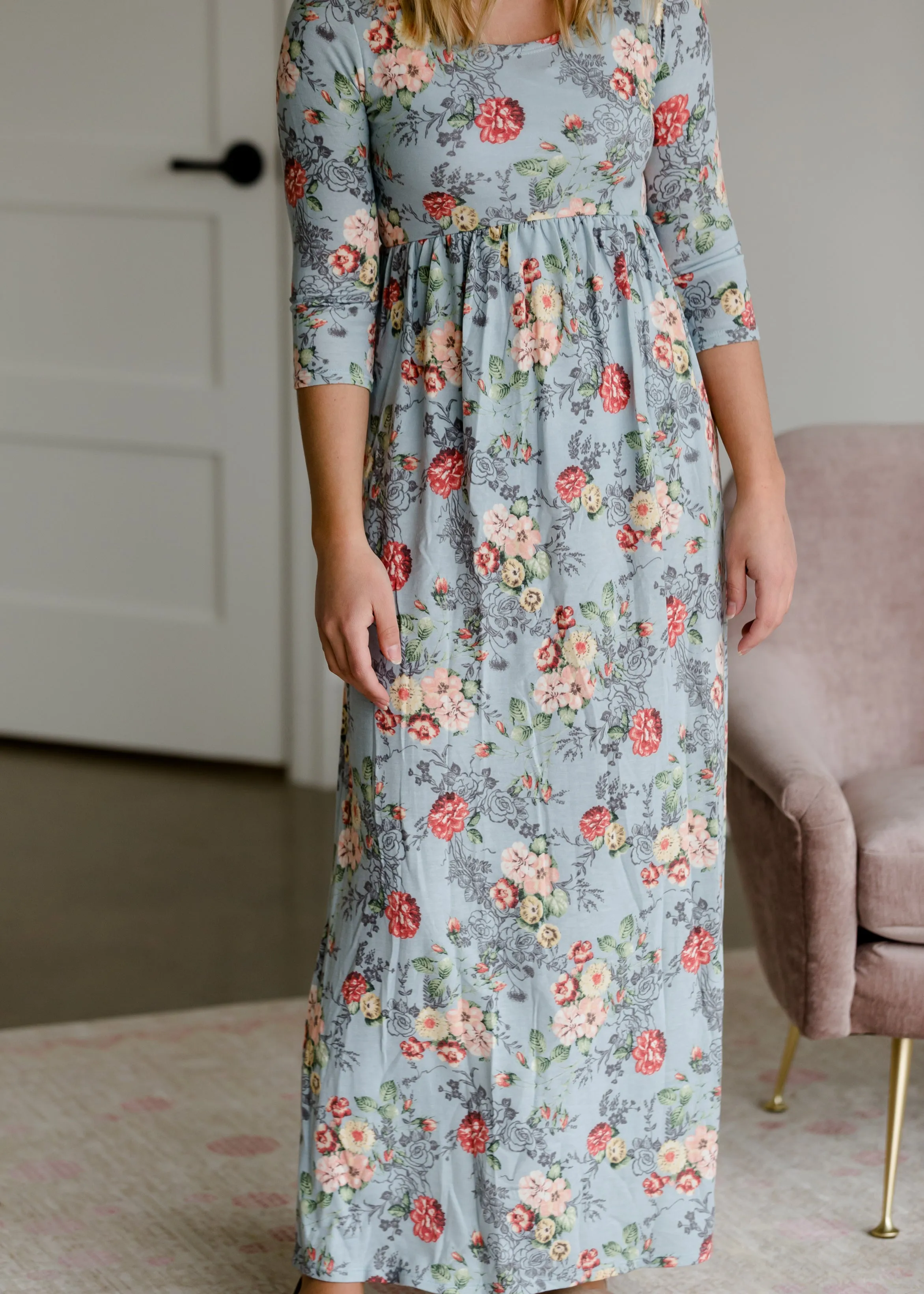 Floral 3/4 Sleeve Empire Waist Maxi Dress