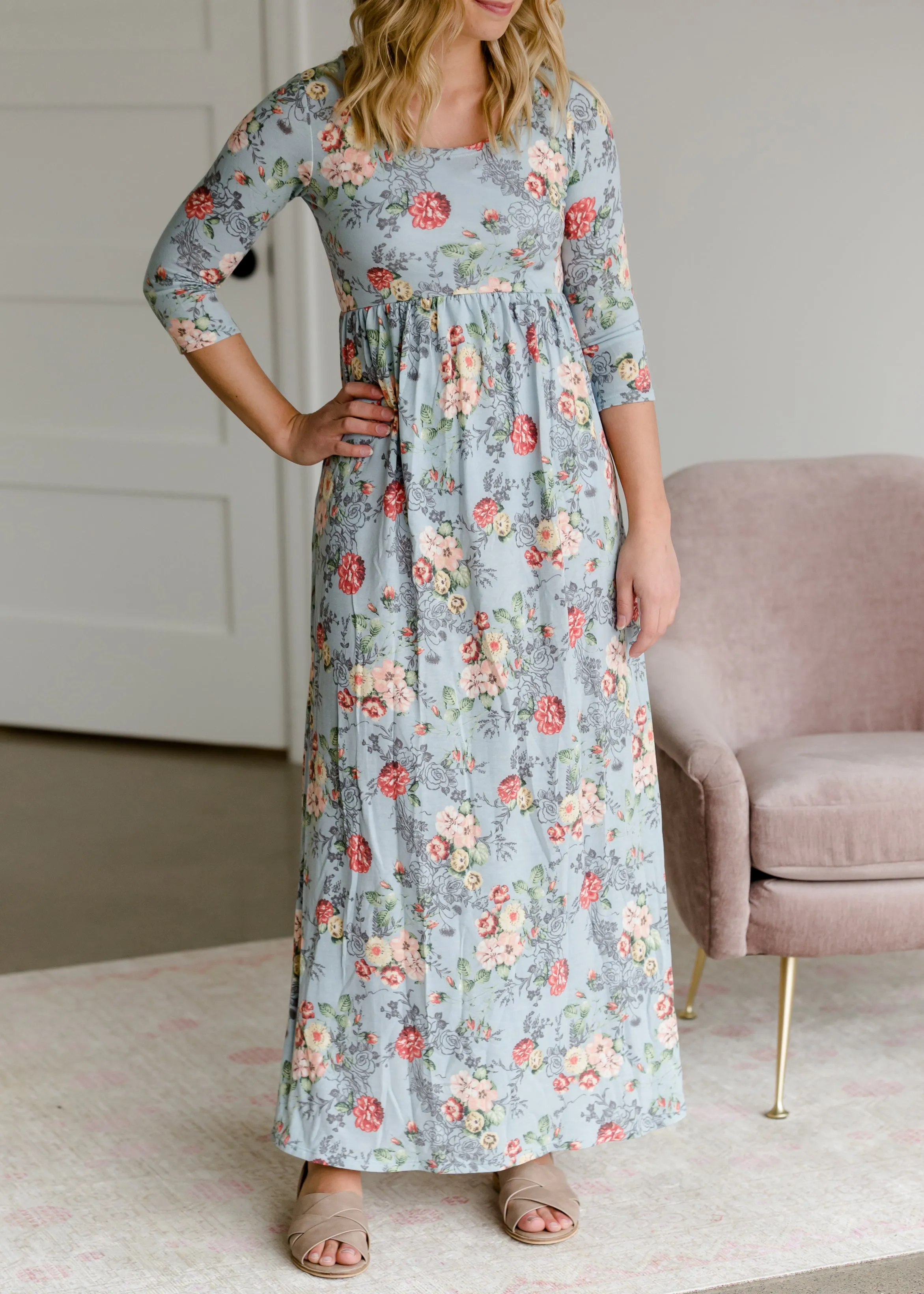 Floral 3/4 Sleeve Empire Waist Maxi Dress