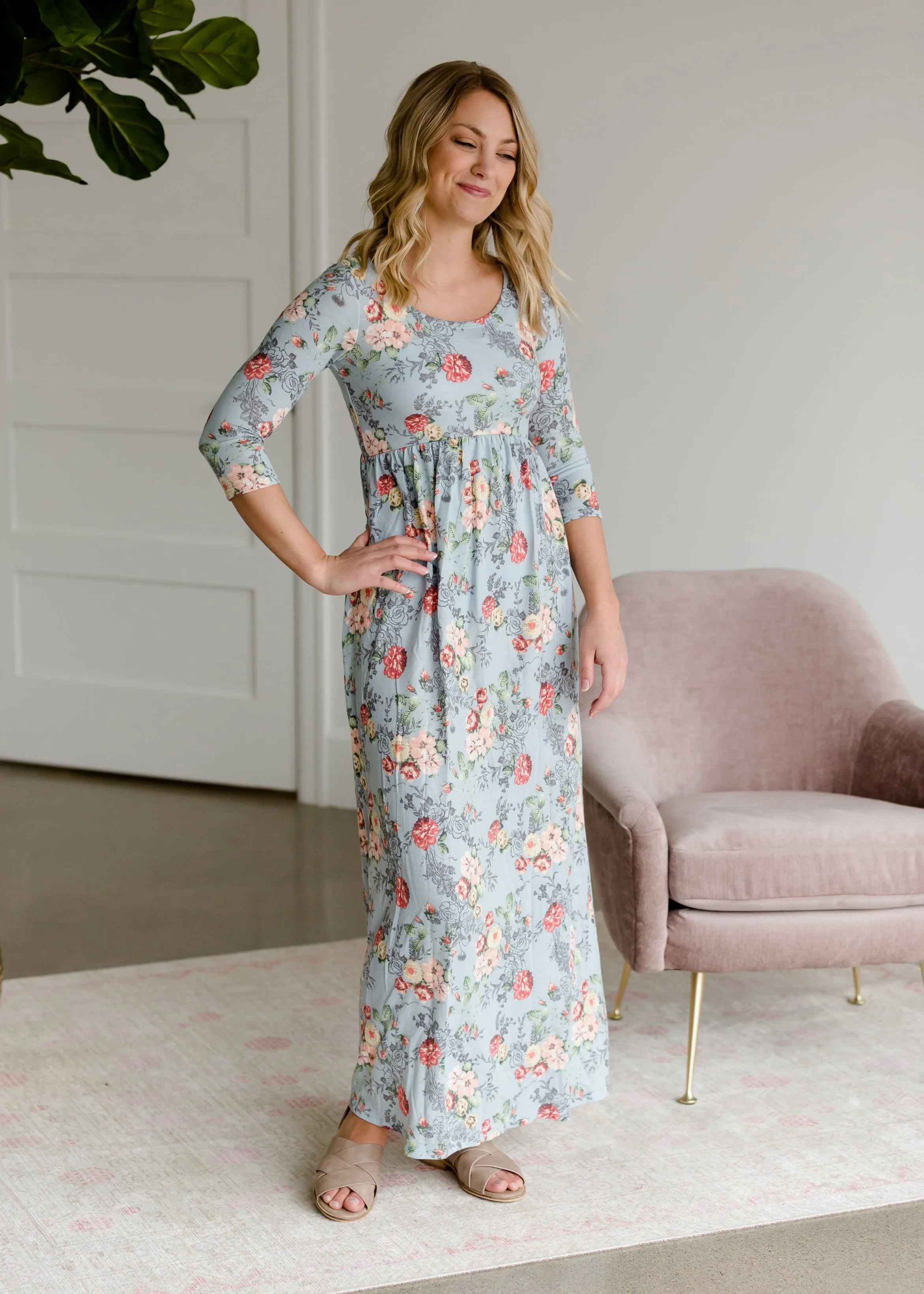 Floral 3/4 Sleeve Empire Waist Maxi Dress