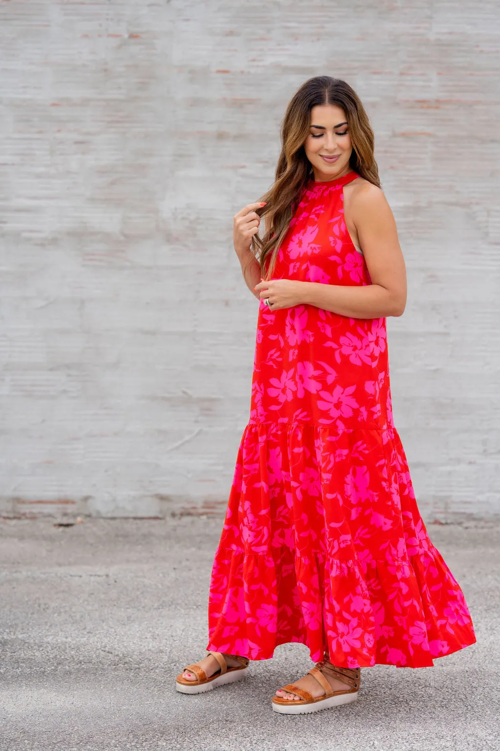Hibiscus Tiered Halter Tank Maxi Dress