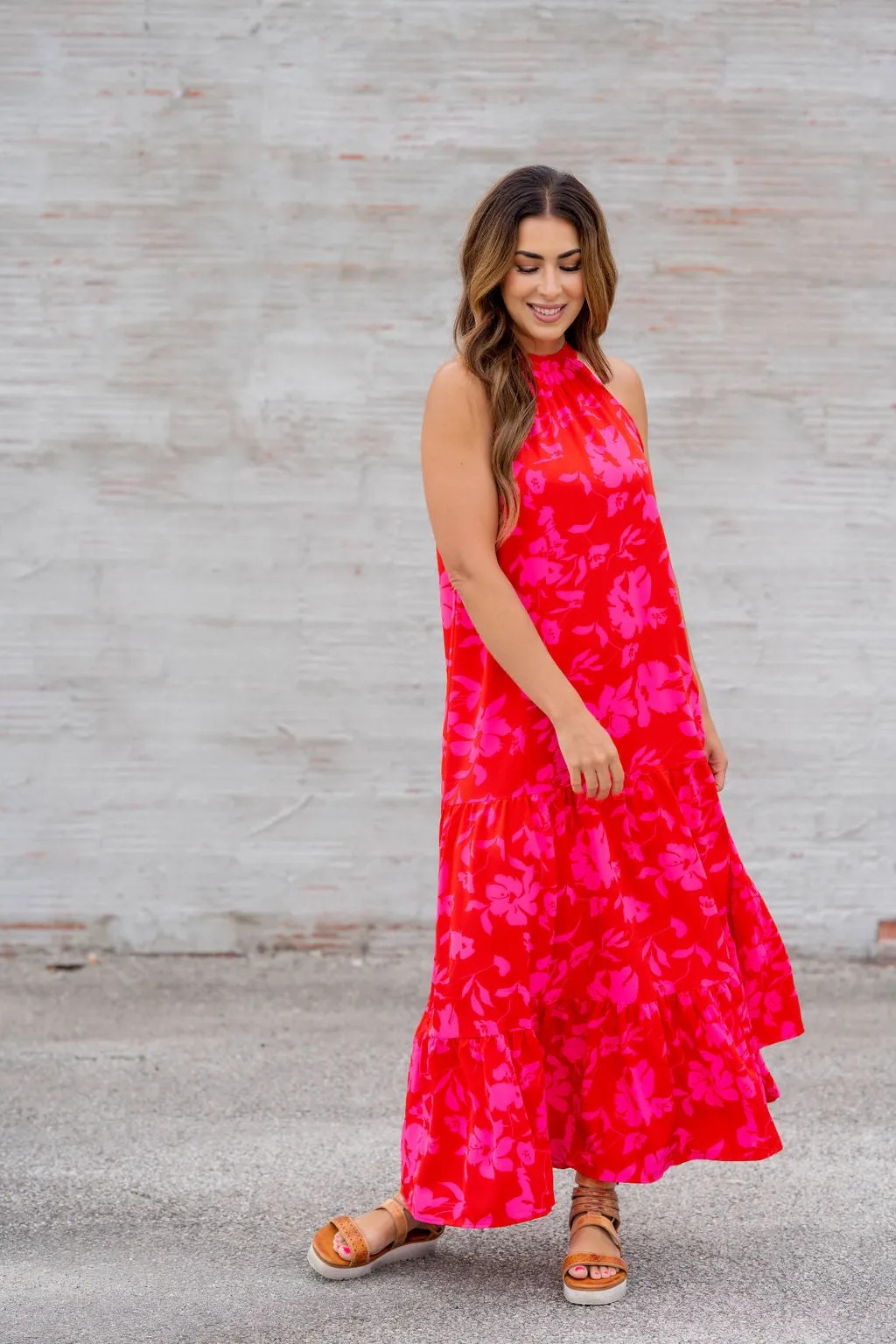Hibiscus Tiered Halter Tank Maxi Dress