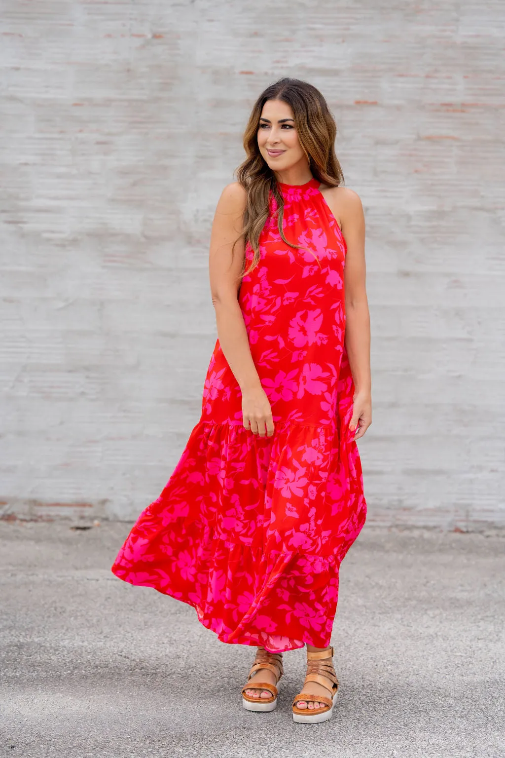 Hibiscus Tiered Halter Tank Maxi Dress