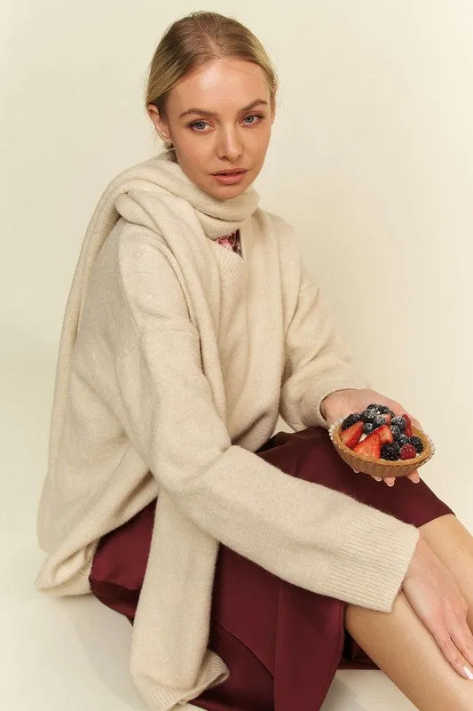 kesley V-Neck Dropped Shoulder Sweater with Scarf