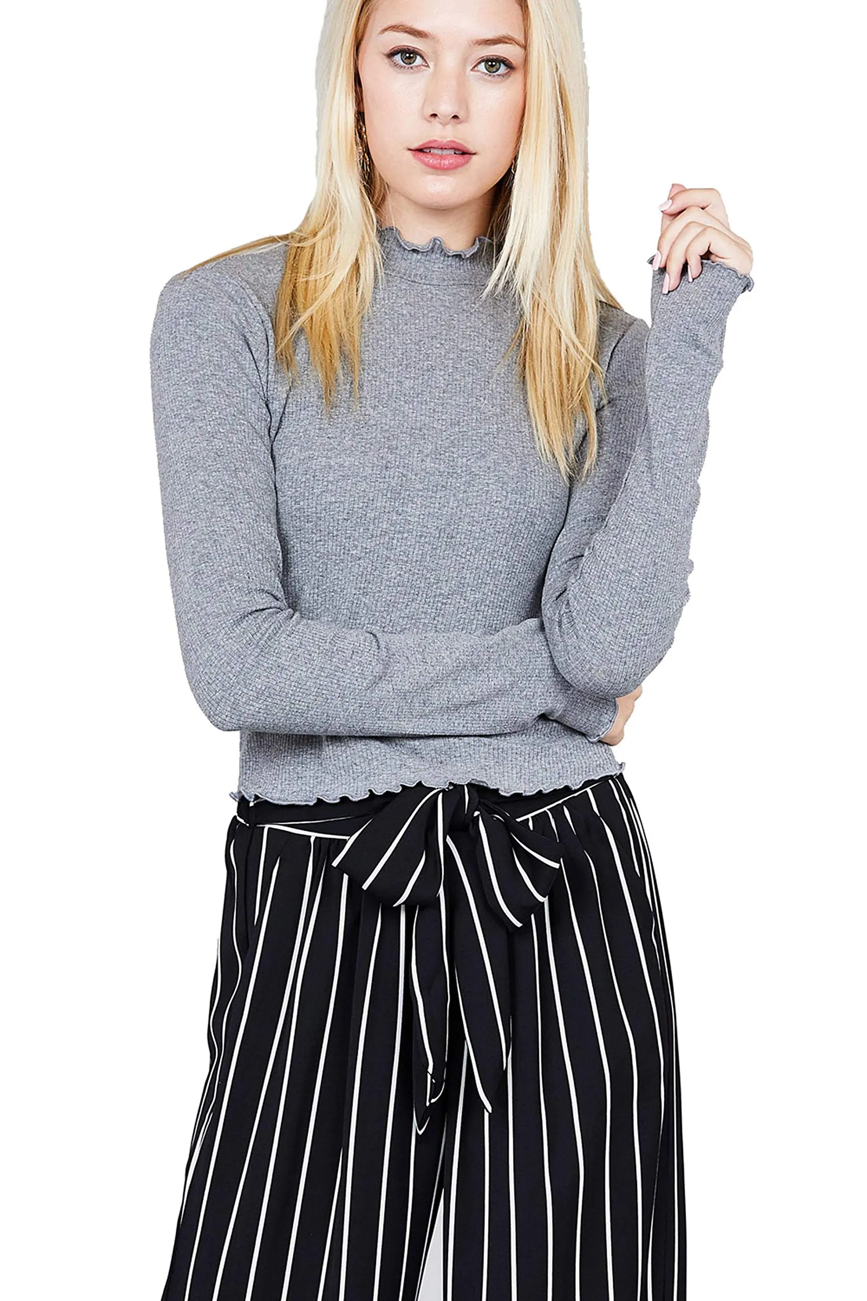 Khanomak Women's Long Sleeve Mock Neck Lettuce Hem Crop Top