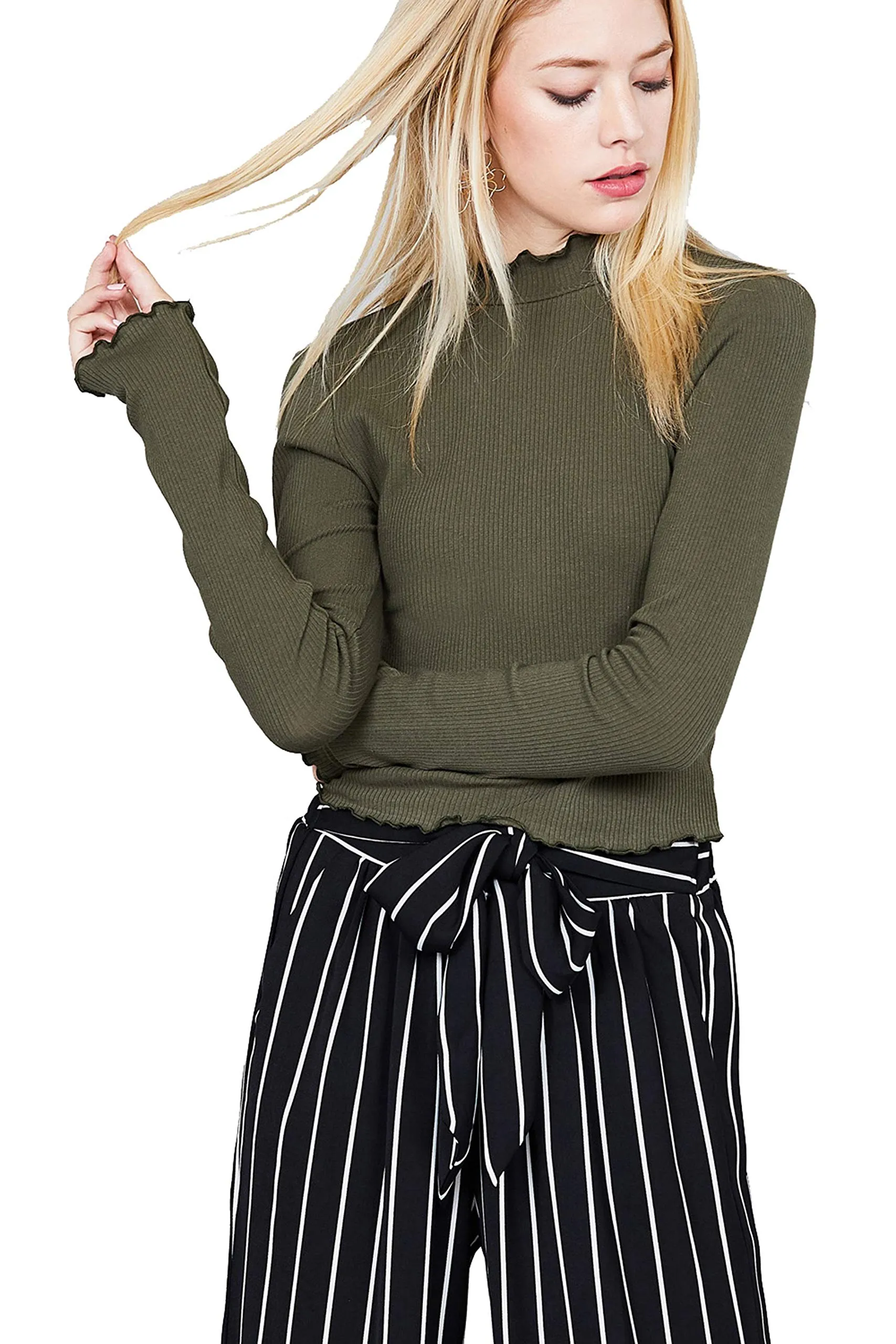 Khanomak Women's Long Sleeve Mock Neck Lettuce Hem Crop Top