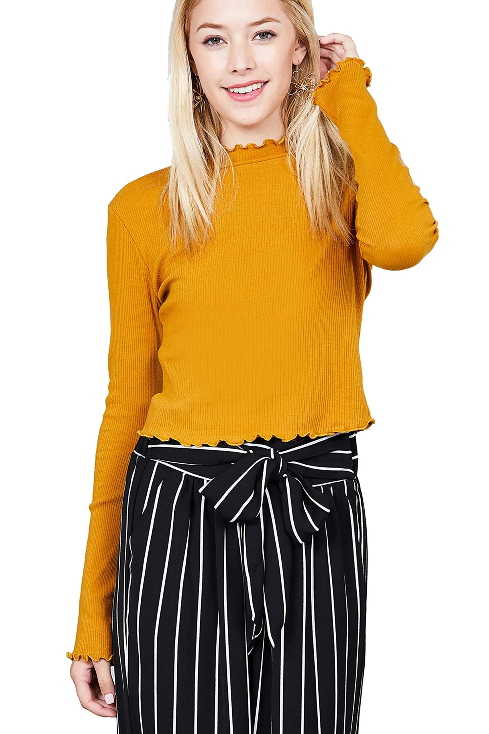 Khanomak Women's Long Sleeve Mock Neck Lettuce Hem Crop Top