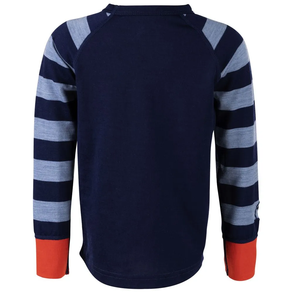 Kids Merino Blend 200 Long Sleeve Crew (Stripe Navy/Sky)