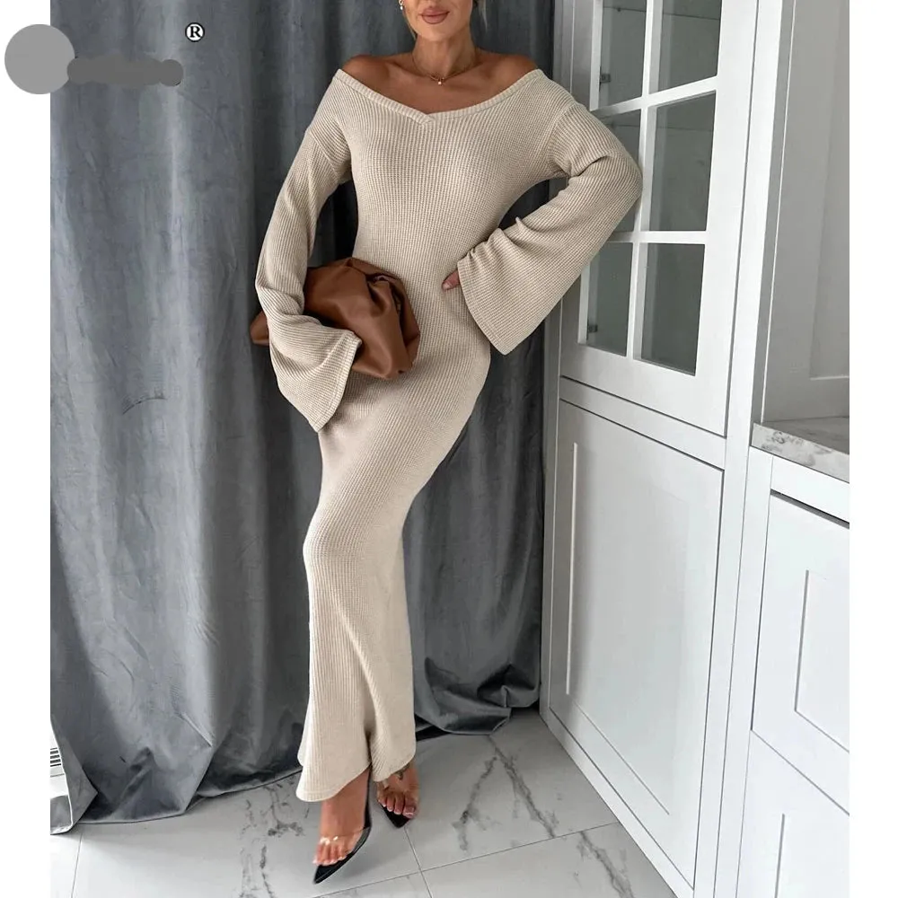 Long Knitting Party Dress Flare Sleeve Maxi Bodycon Sheath Dress