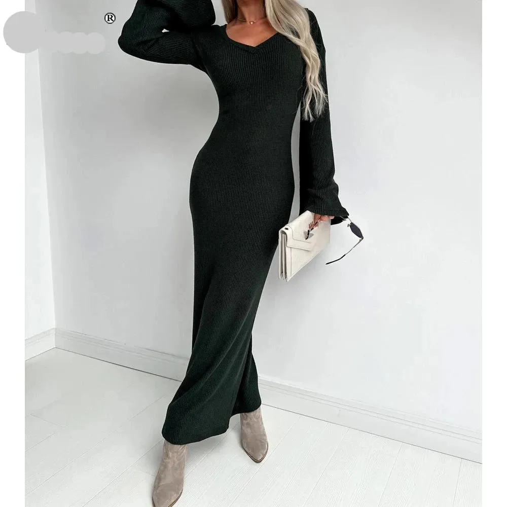 Long Knitting Party Dress Flare Sleeve Maxi Bodycon Sheath Dress