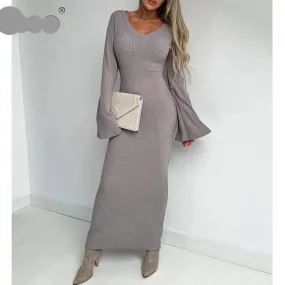 Long Knitting Party Dress Flare Sleeve Maxi Bodycon Sheath Dress
