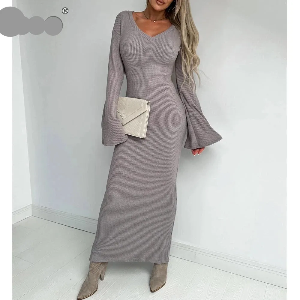 Long Knitting Party Dress Flare Sleeve Maxi Bodycon Sheath Dress