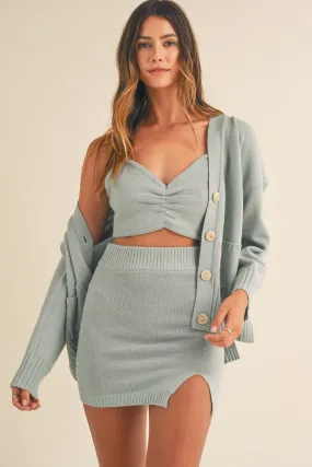 MABLE 3 Pieces Sweater Set with Crop Cami, Mini Skirts, Cardigan