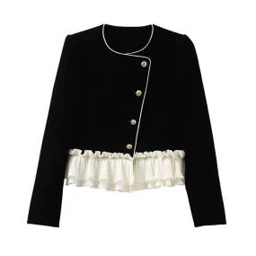 Patchwork Colorblock Jacket For Women Round Neck Long Sleeve Single Breasted Vintage Slim Jackets Female Clothing