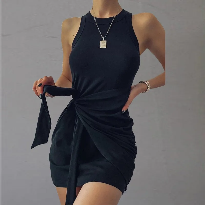 Red New Femme Dress Sexy Club Party Bodycon Front Bandage Bow Dress Square Collar Mini Sundress Women Summer Casual Dress