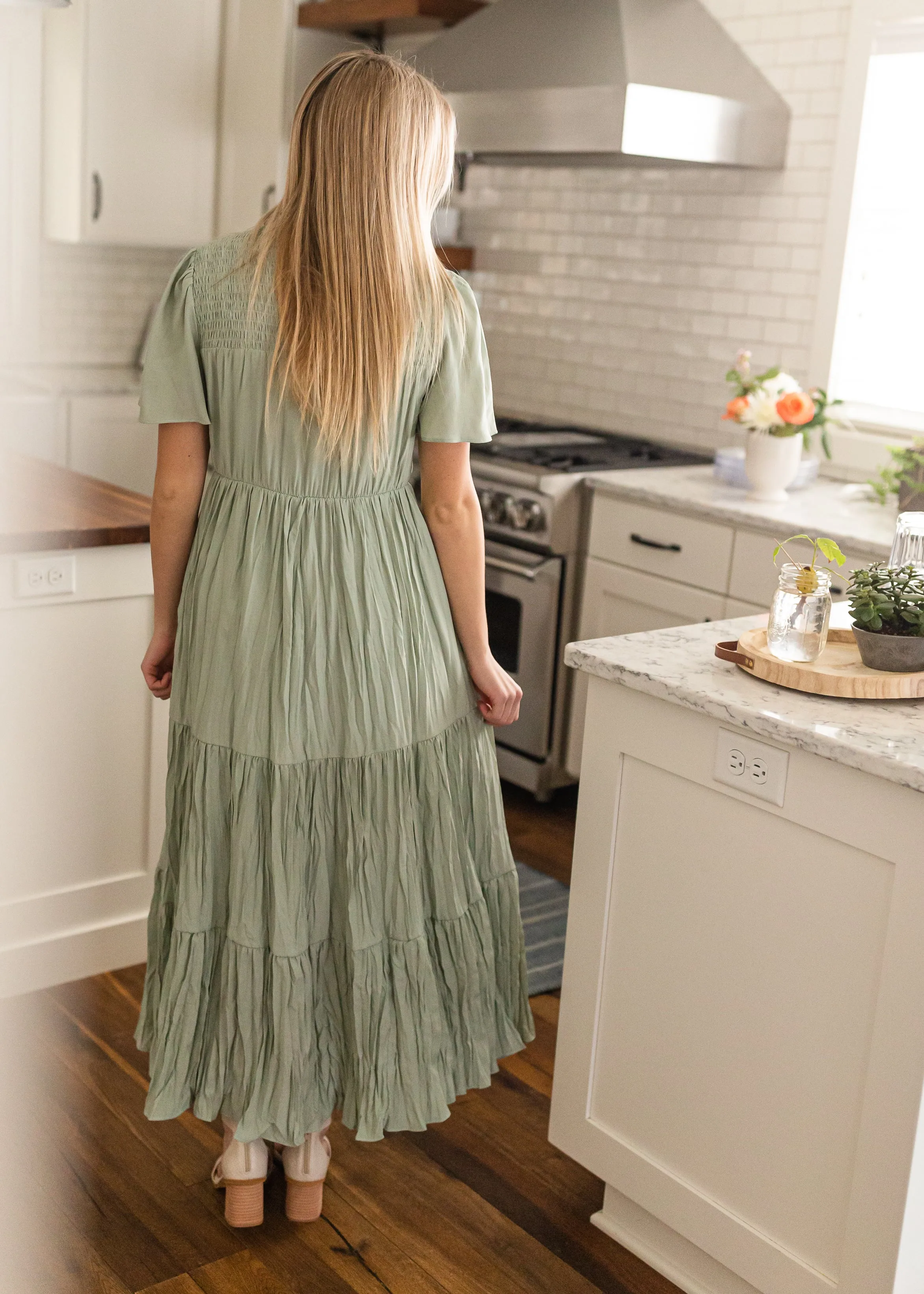 Sage Smocked Top Tiered Maxi Dress