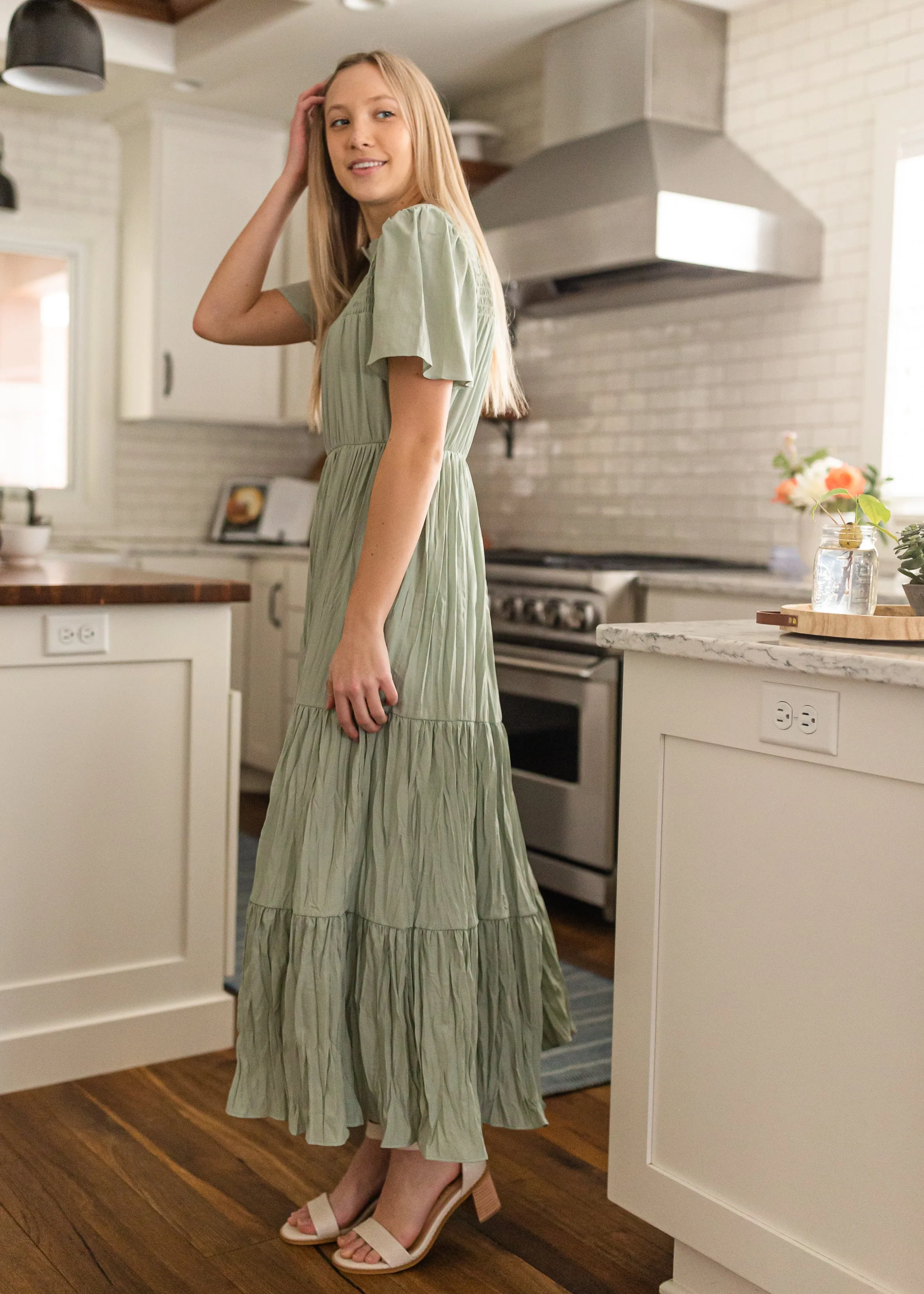 Sage Smocked Top Tiered Maxi Dress