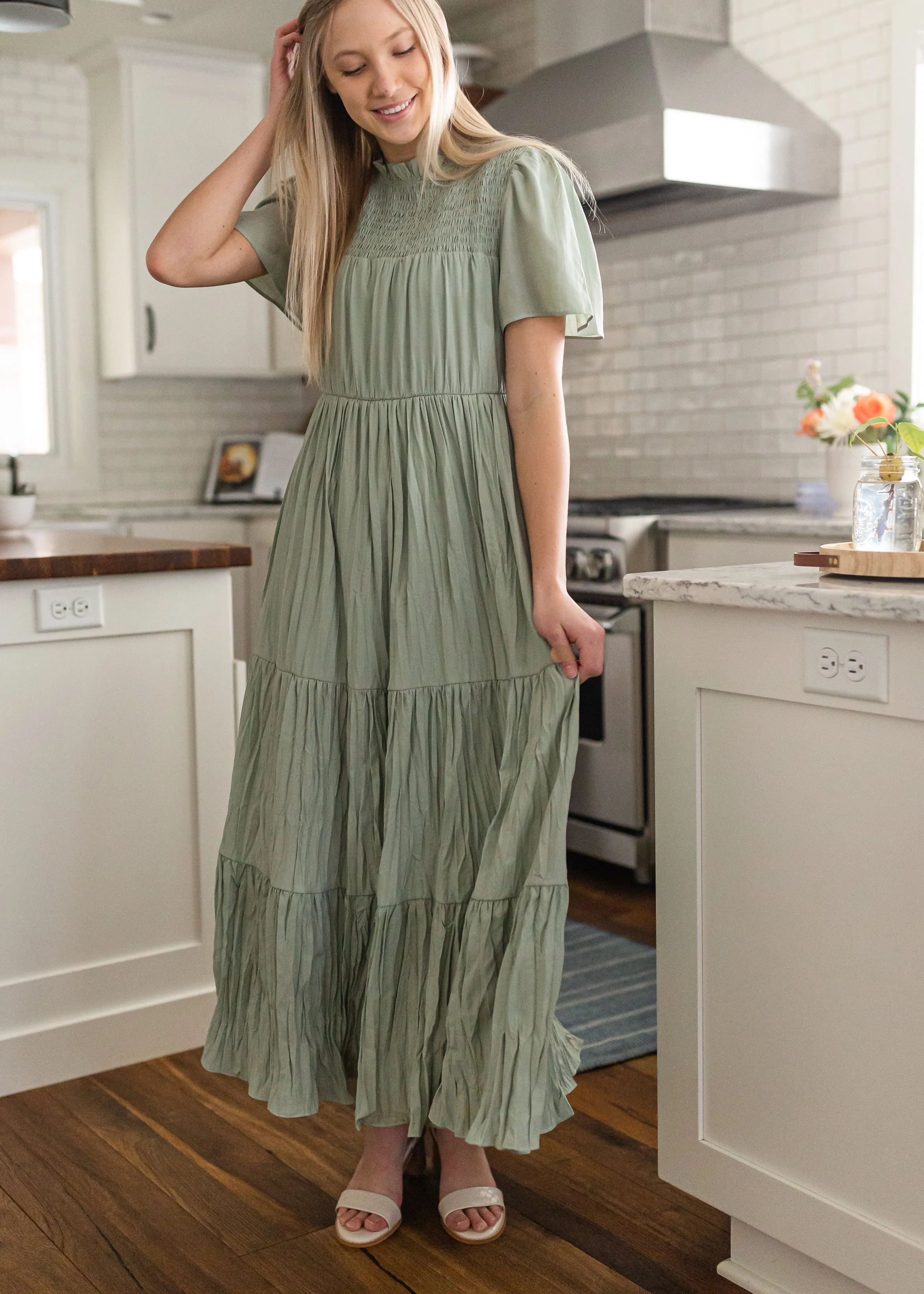Sage Smocked Top Tiered Maxi Dress