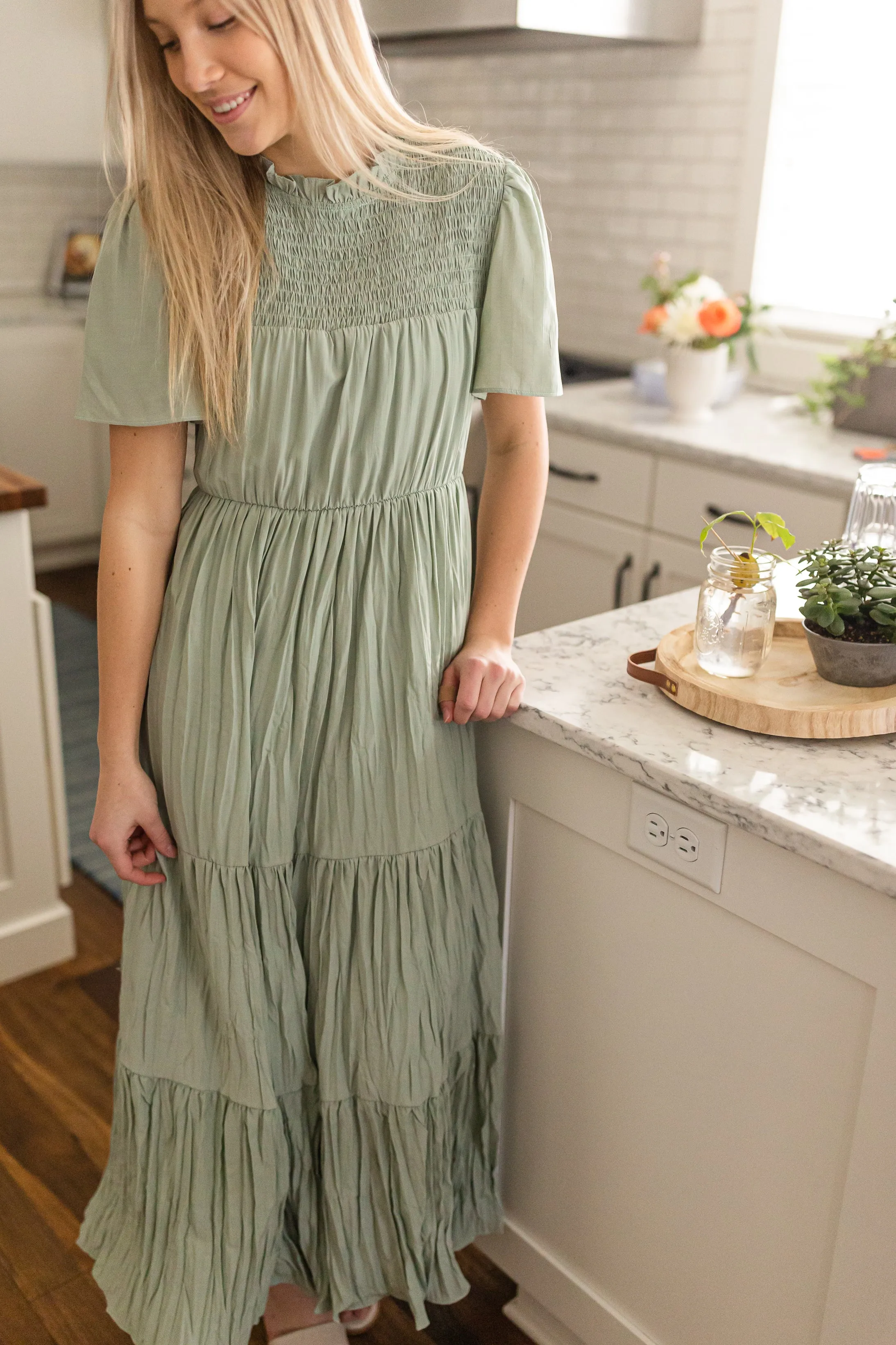 Sage Smocked Top Tiered Maxi Dress