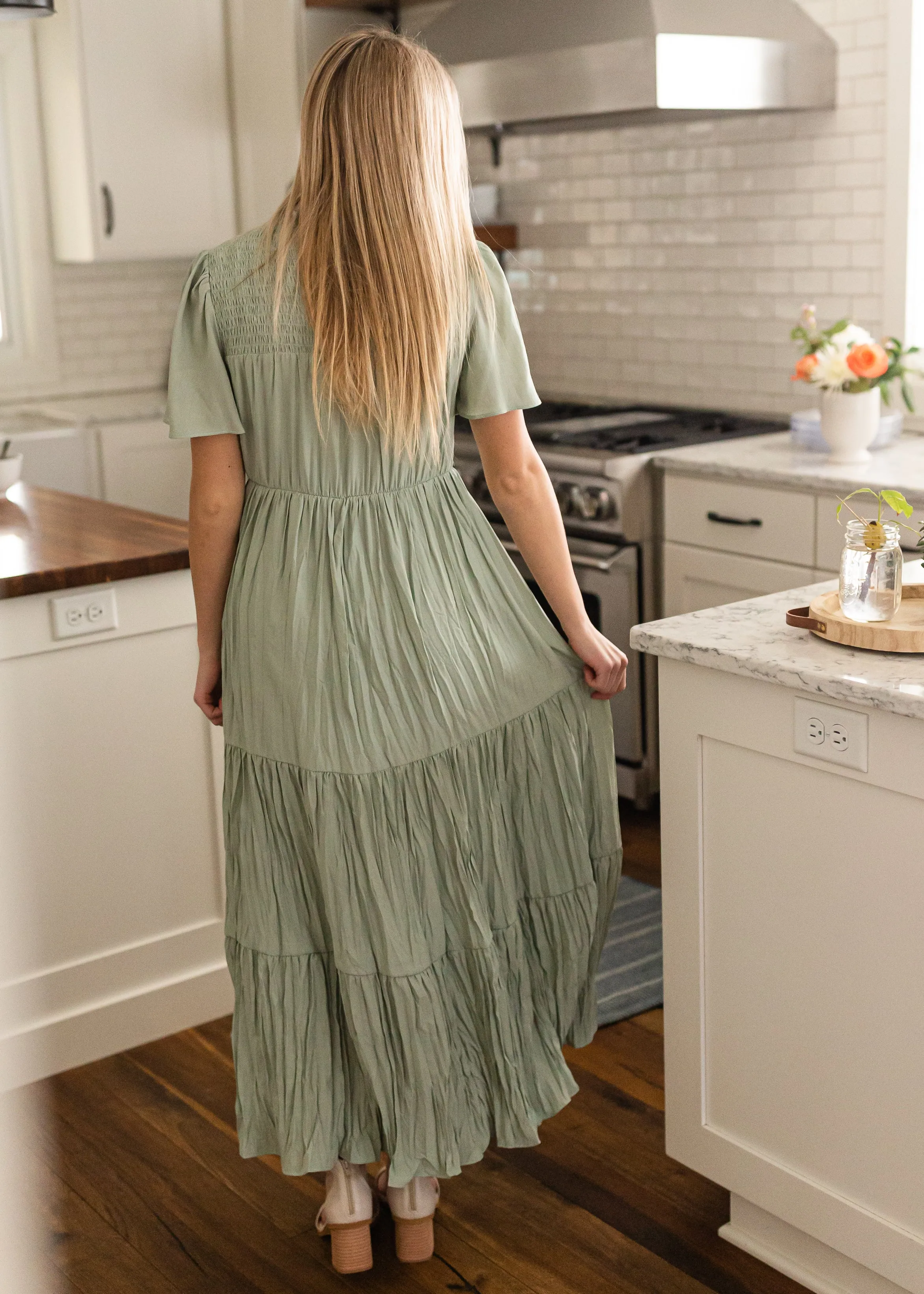 Sage Smocked Top Tiered Maxi Dress