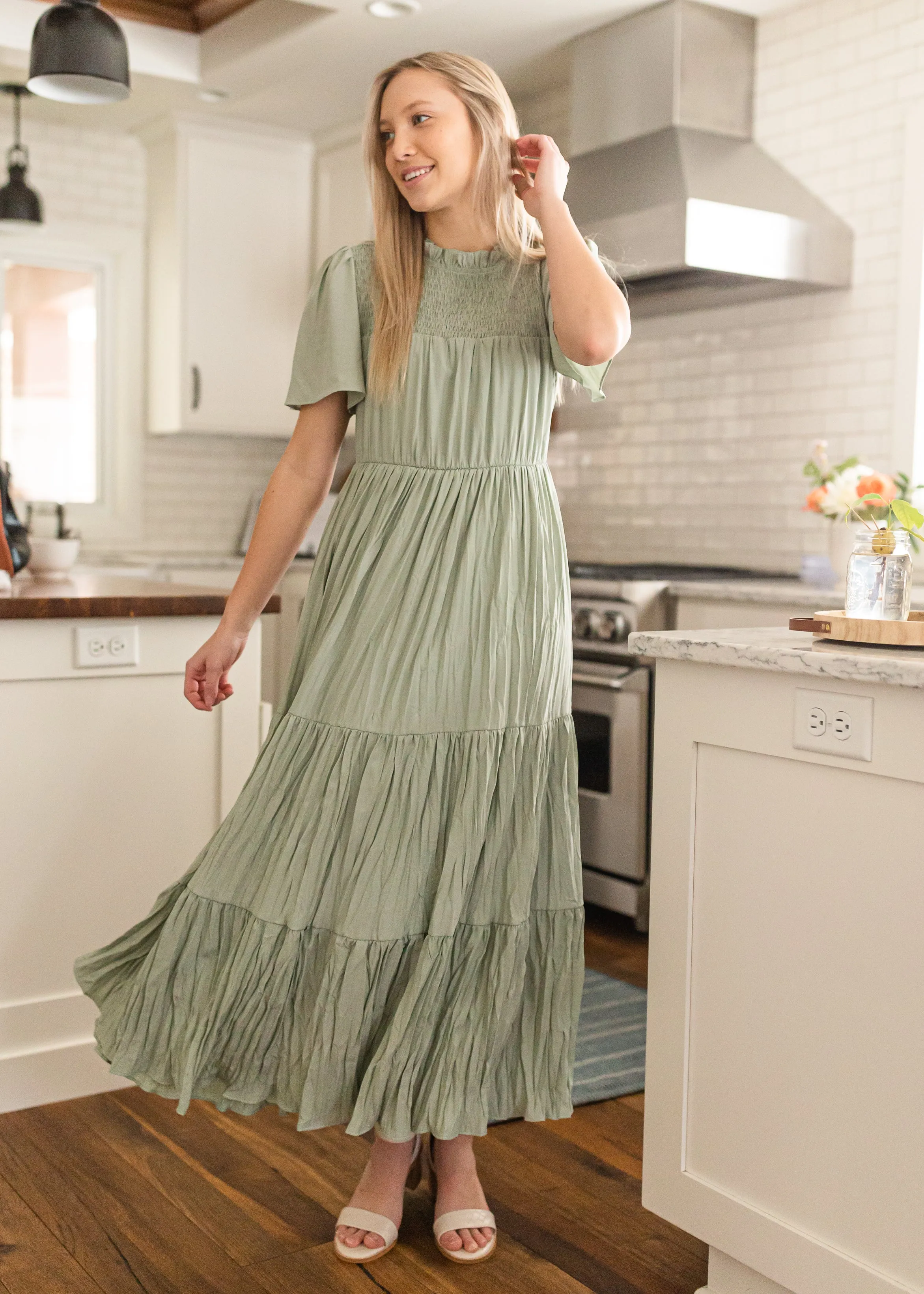 Sage Smocked Top Tiered Maxi Dress