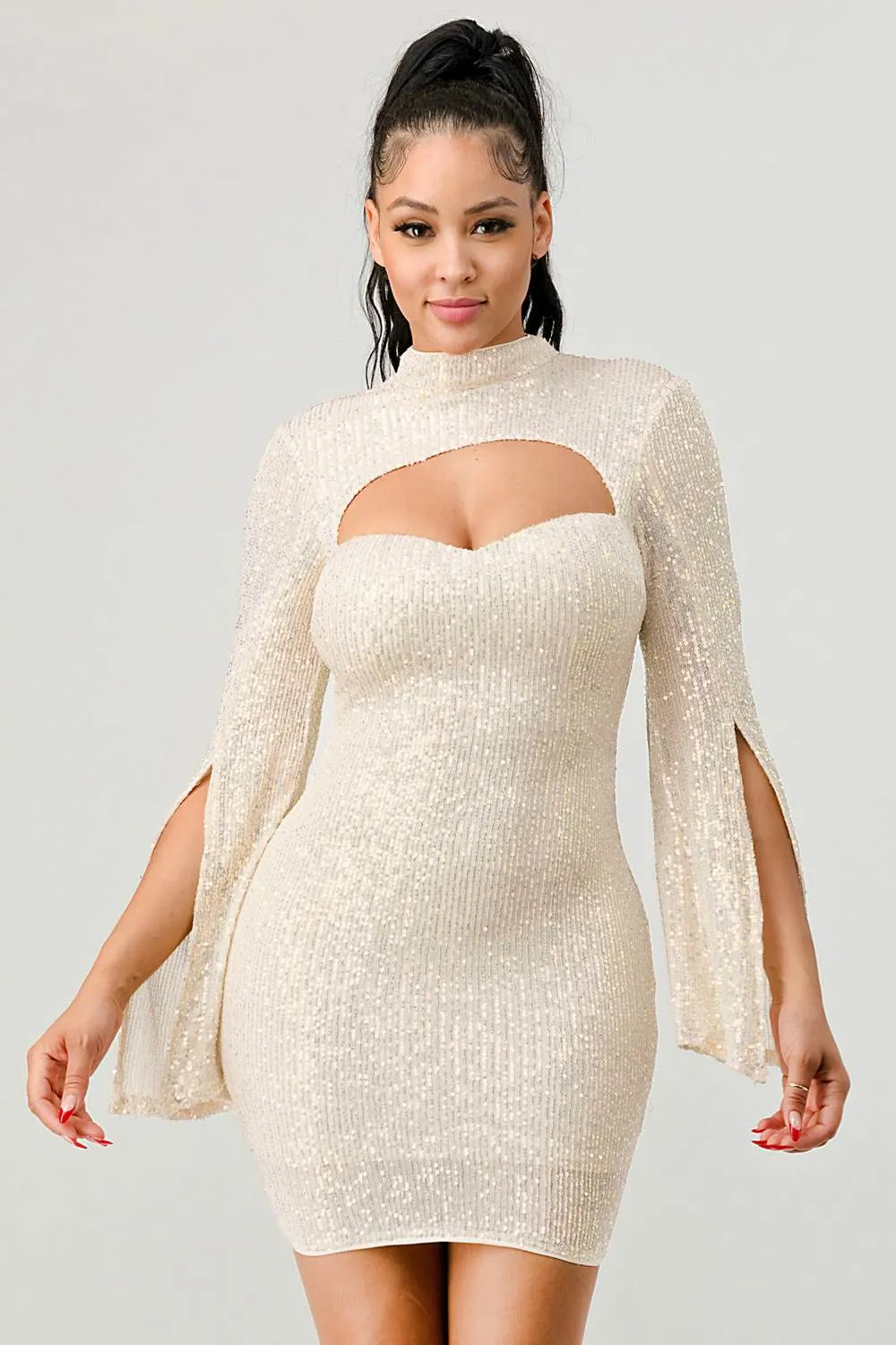 SEXY SEQUINS CAPE FLARE SLEEVED CUT-OUT MINI DRESS
