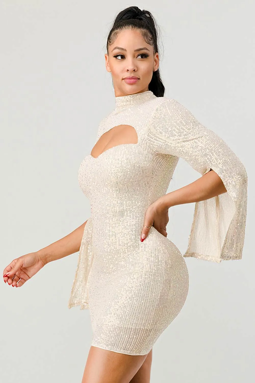 SEXY SEQUINS CAPE FLARE SLEEVED CUT-OUT MINI DRESS