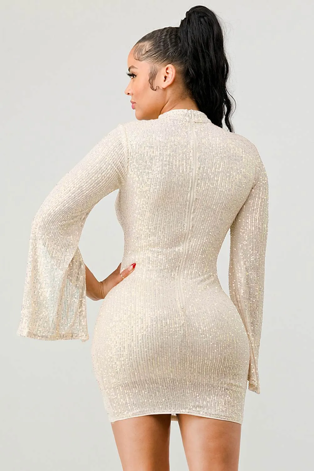 SEXY SEQUINS CAPE FLARE SLEEVED CUT-OUT MINI DRESS