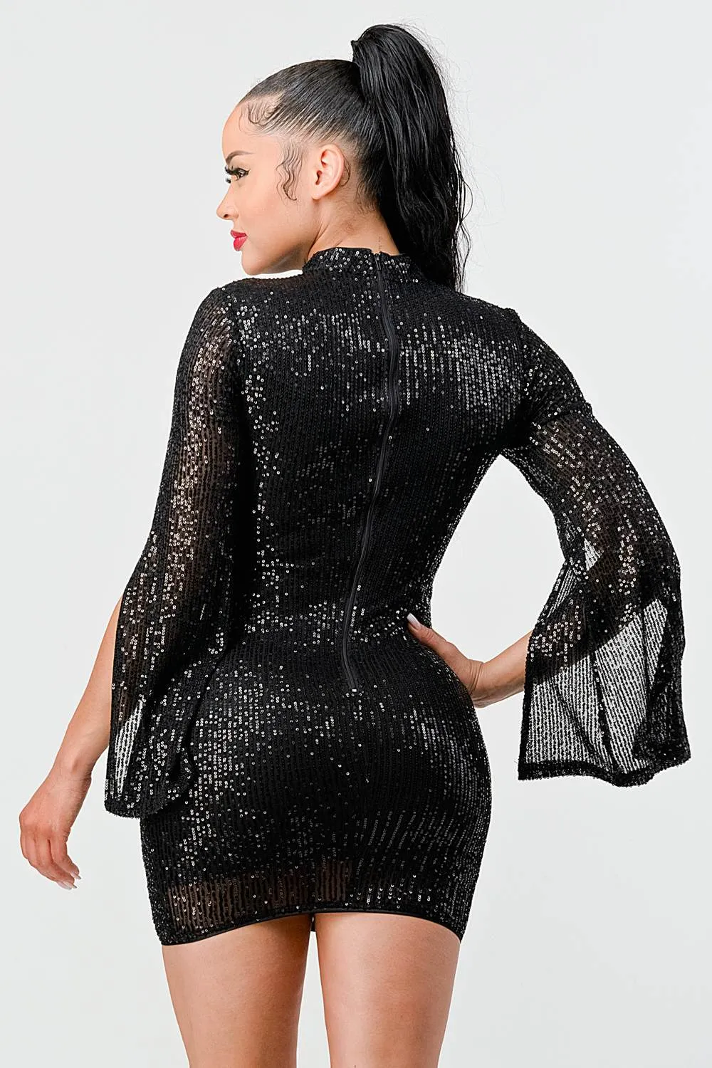 SEXY SEQUINS CAPE FLARE SLEEVED CUT-OUT MINI DRESS