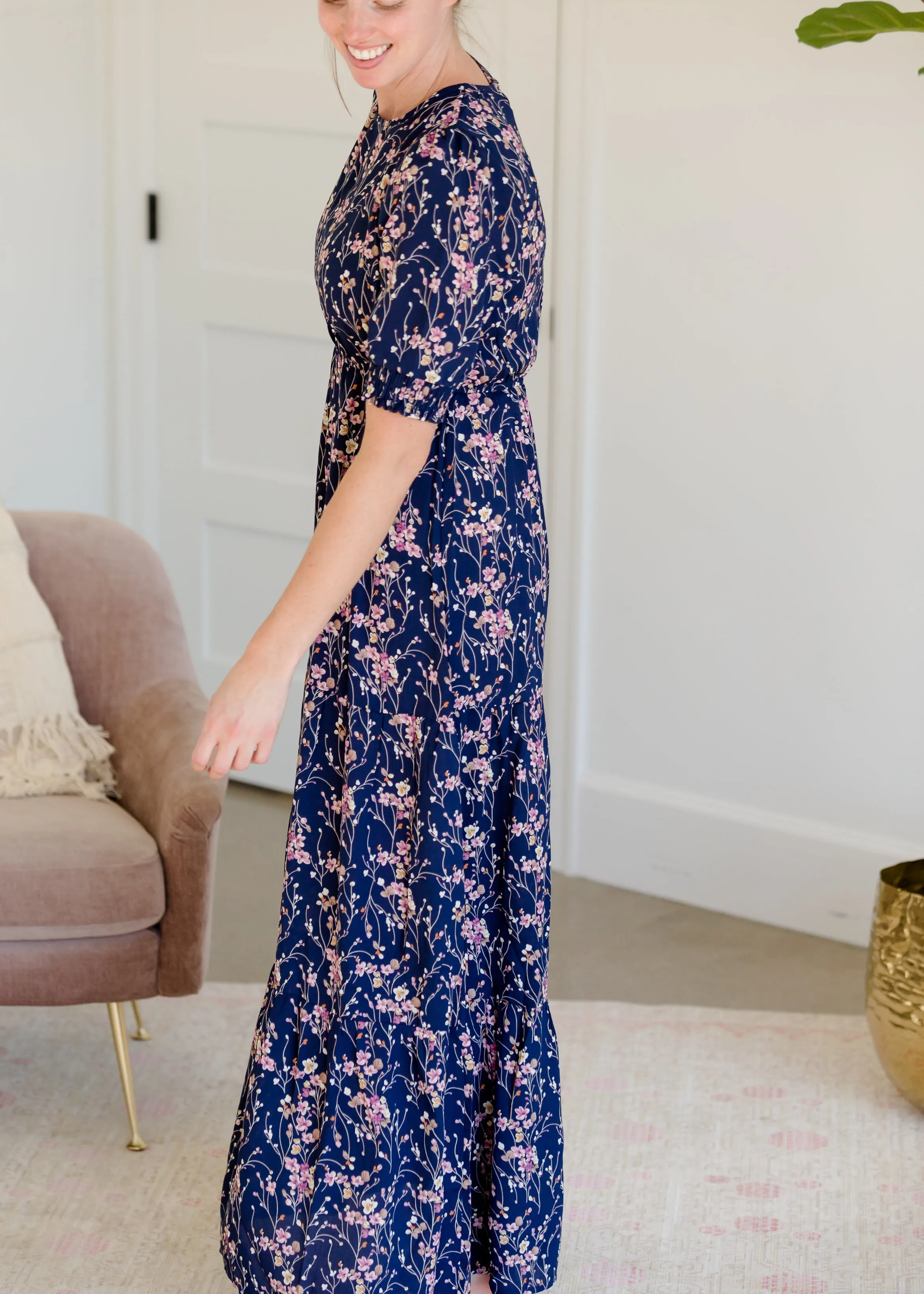 Short Puff Sleeve Floral Maxi Dress