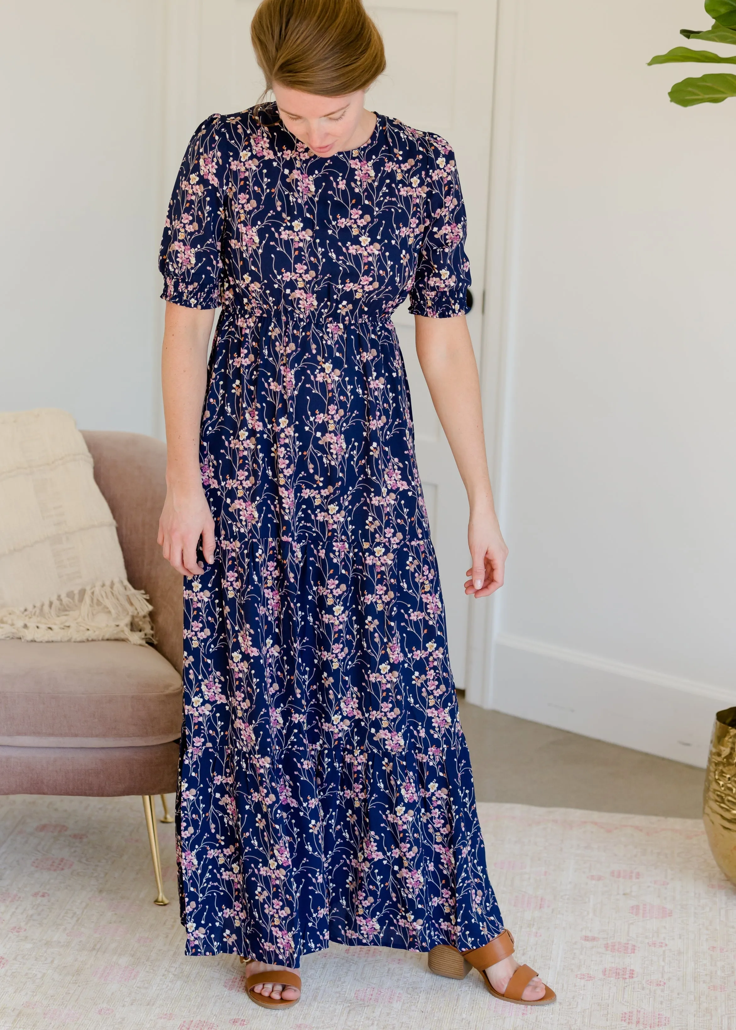 Short Puff Sleeve Floral Maxi Dress