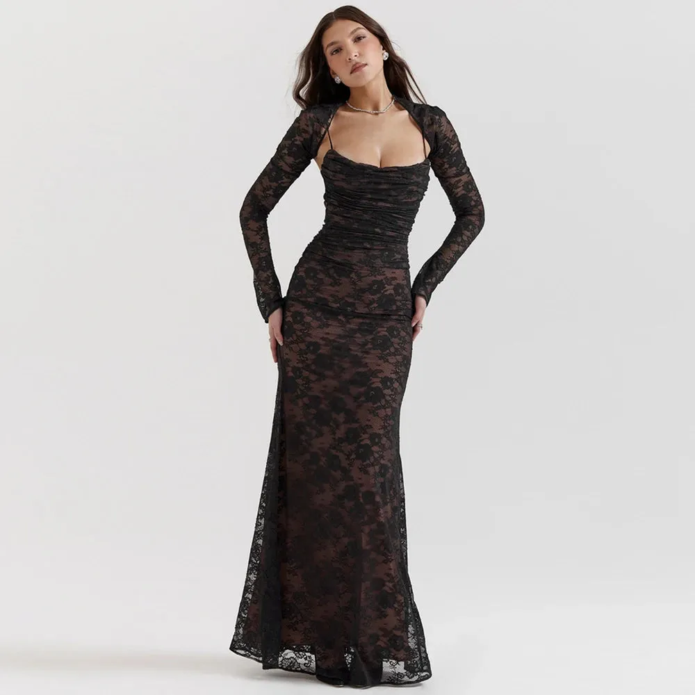 Sladuo Women Vintage Elegant Long Sleeve Lace  Maxi Dress Slim Evening Cocktail Party Dresses Chic Back Bandage Outfit Robe