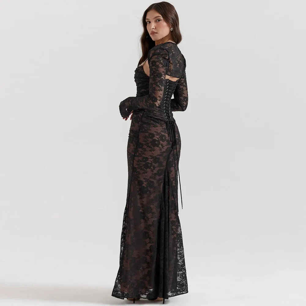 Sladuo Women Vintage Elegant Long Sleeve Lace  Maxi Dress Slim Evening Cocktail Party Dresses Chic Back Bandage Outfit Robe