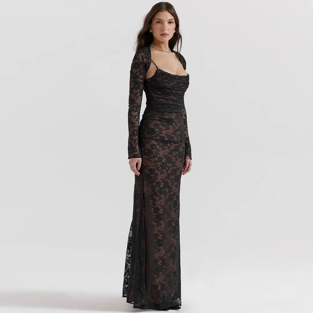 Sladuo Women Vintage Elegant Long Sleeve Lace  Maxi Dress Slim Evening Cocktail Party Dresses Chic Back Bandage Outfit Robe