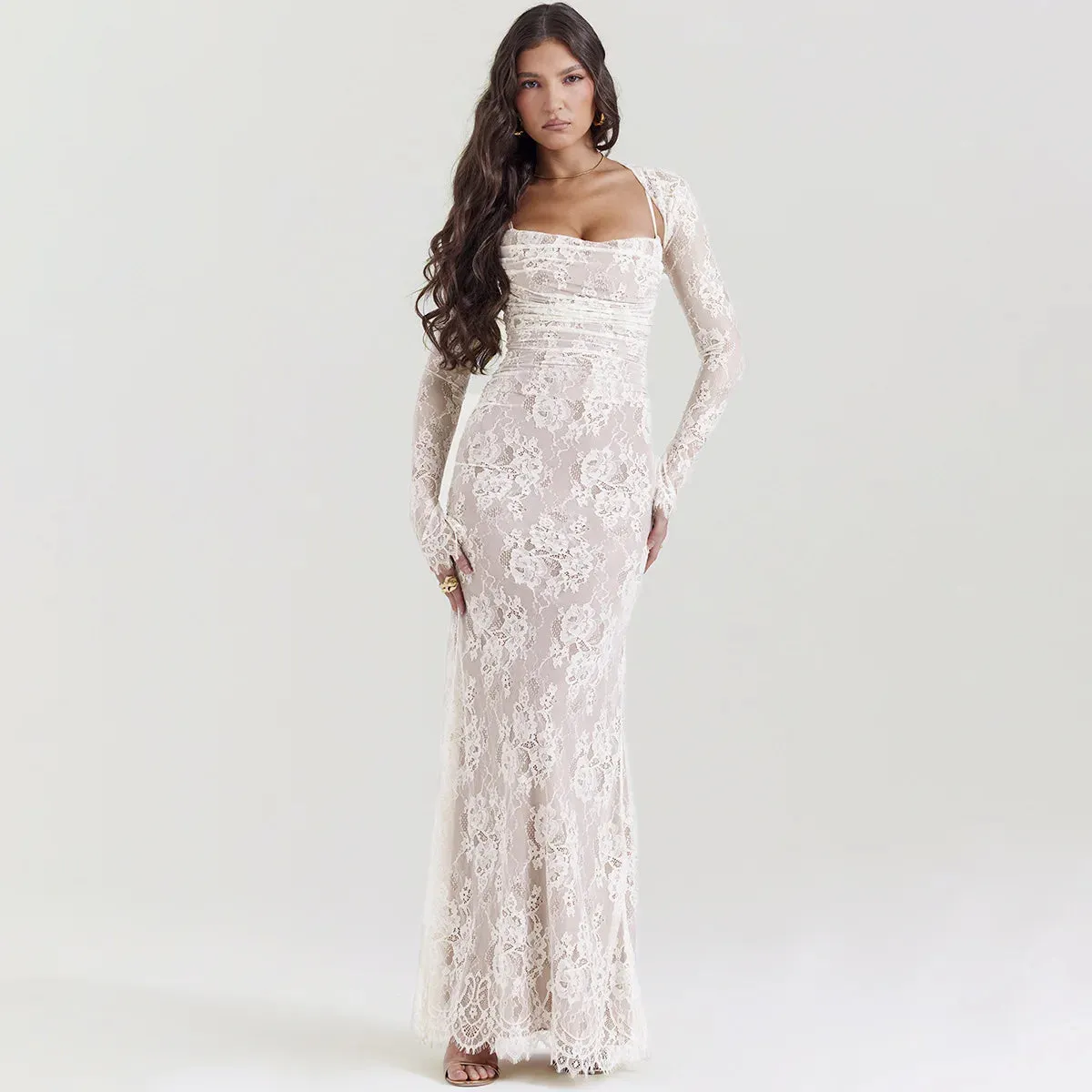 Sladuo Women Vintage Elegant Long Sleeve Lace  Maxi Dress Slim Evening Cocktail Party Dresses Chic Back Bandage Outfit Robe