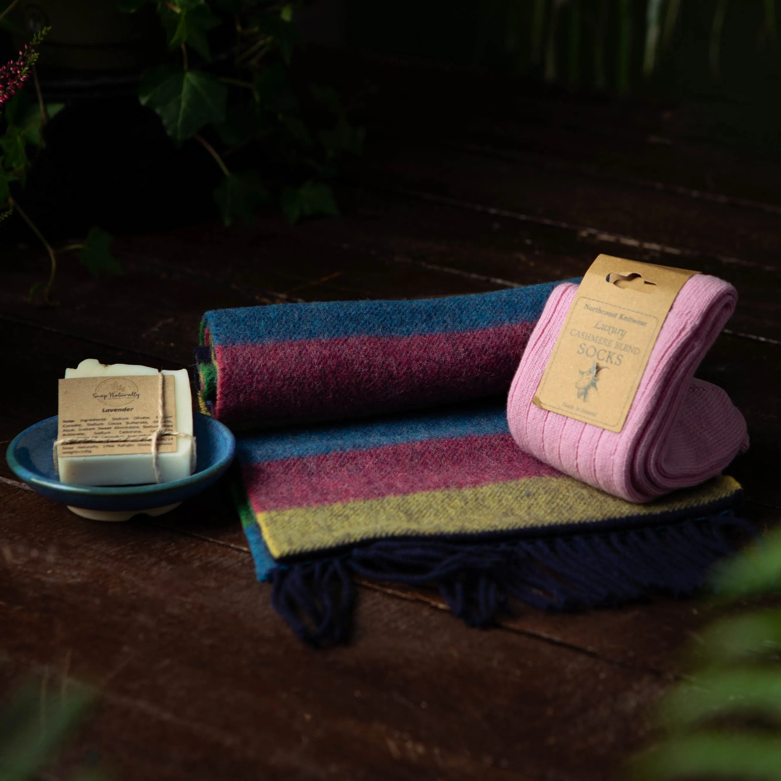Sustainable Lambswool Scarf, Cashmere Socks, Soap, and Eco-Friendly Holder