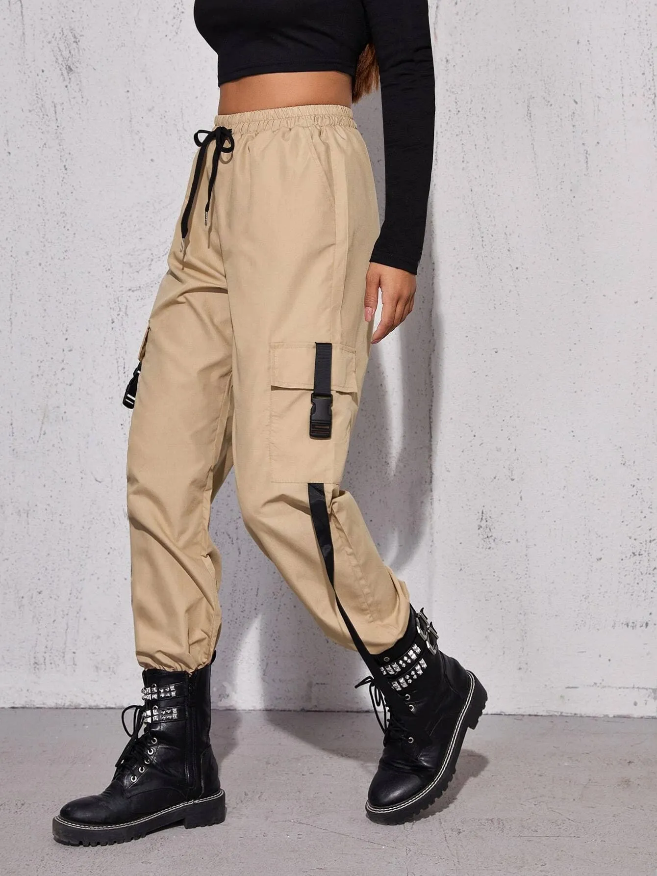 Tape Drawstring Waist Cargo Pants