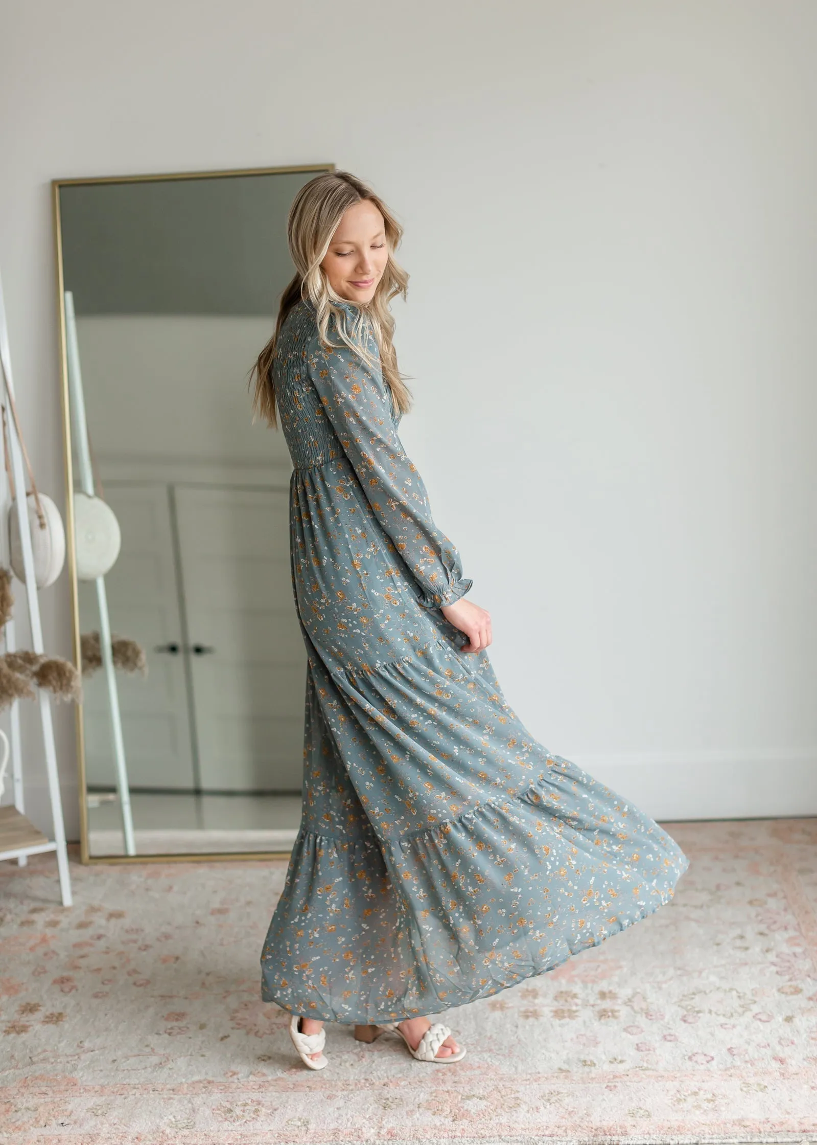 Teal Floral Smocked Tiered Maxi Dress