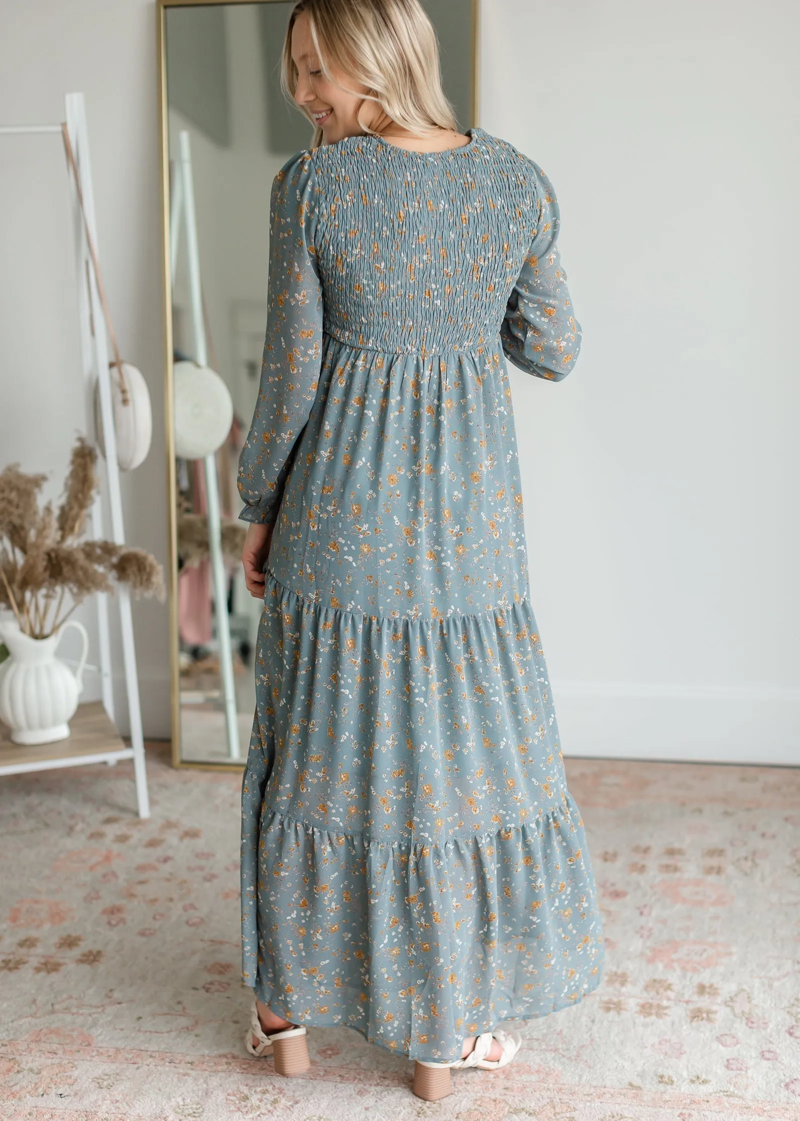 Teal Floral Smocked Tiered Maxi Dress