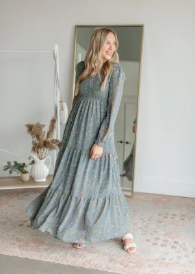 Teal Floral Smocked Tiered Maxi Dress